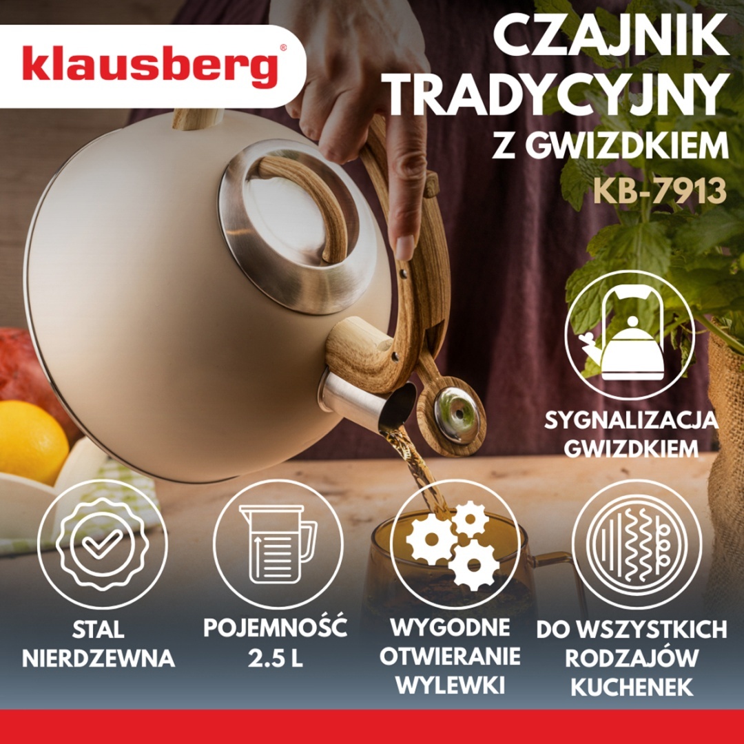 CZAJNIK STALOWY Z GWIZDKIEM 2,5L KLAUSBERG KB-7913